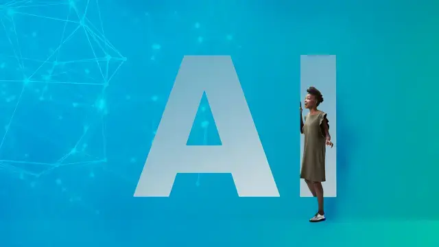 Uma mulher está dentro das letras "AI" num fundo gradiente azul e verde com um padrão de rede, representando a Inteligência Artificial.