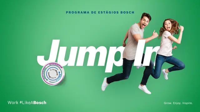 Um jovem e uma jovem saltam entusiasmados à frente do texto "Jump In" e "Programa de Estágios Bosch" contra um fundo verde.