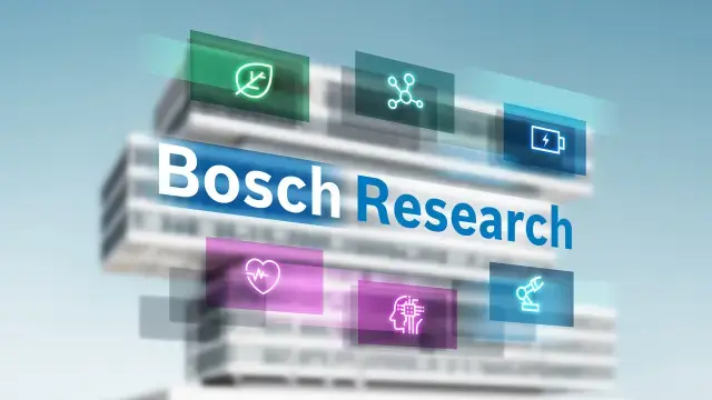 Imagem desfocada do edifício Bosch Research com ícones sobrepostos representando tecnologia, sustentabilidade e áreas de investigação.